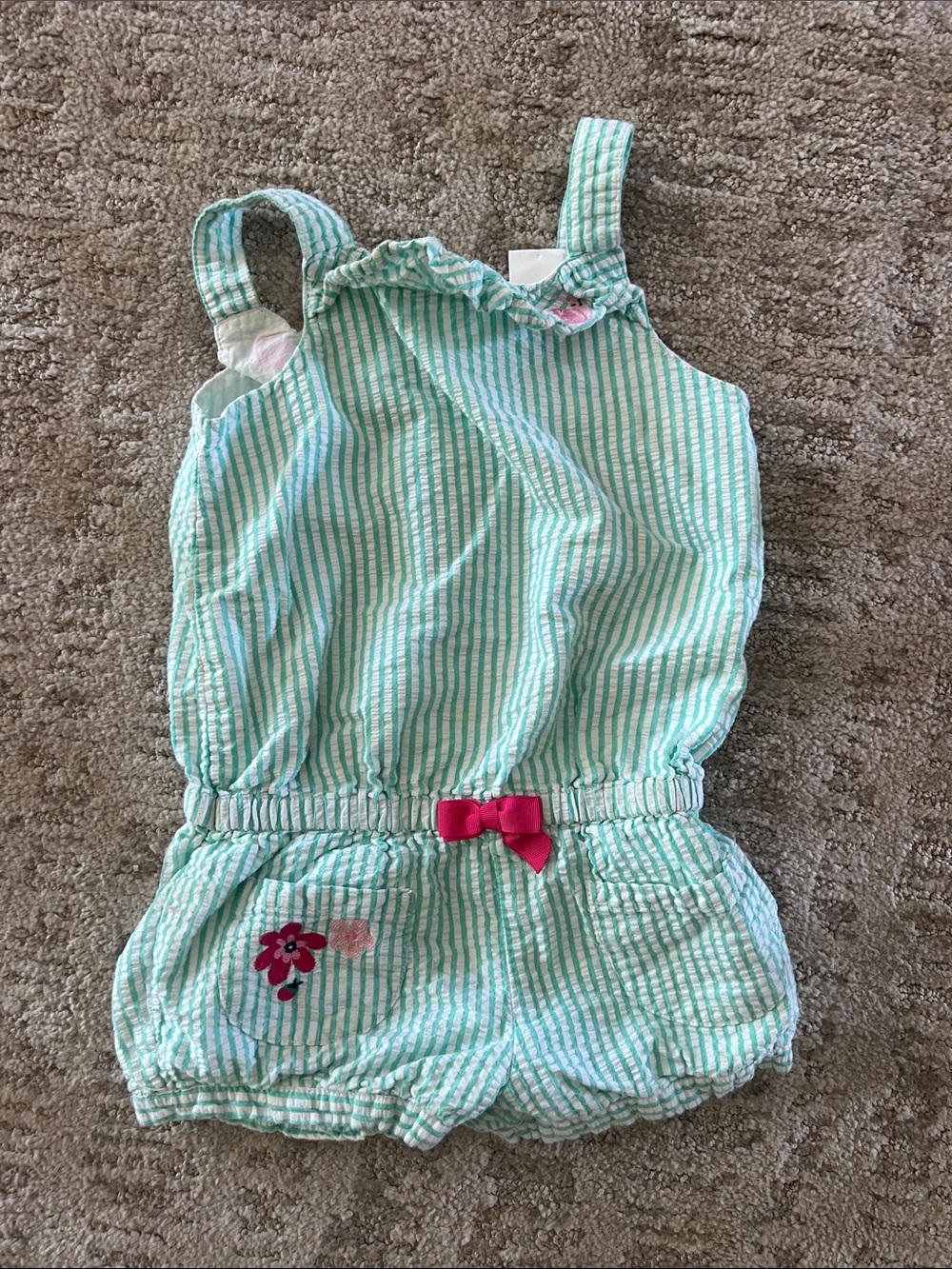 Gymboree Mint Green & White Striped Girls seeesucker Romper with Pink Bow
